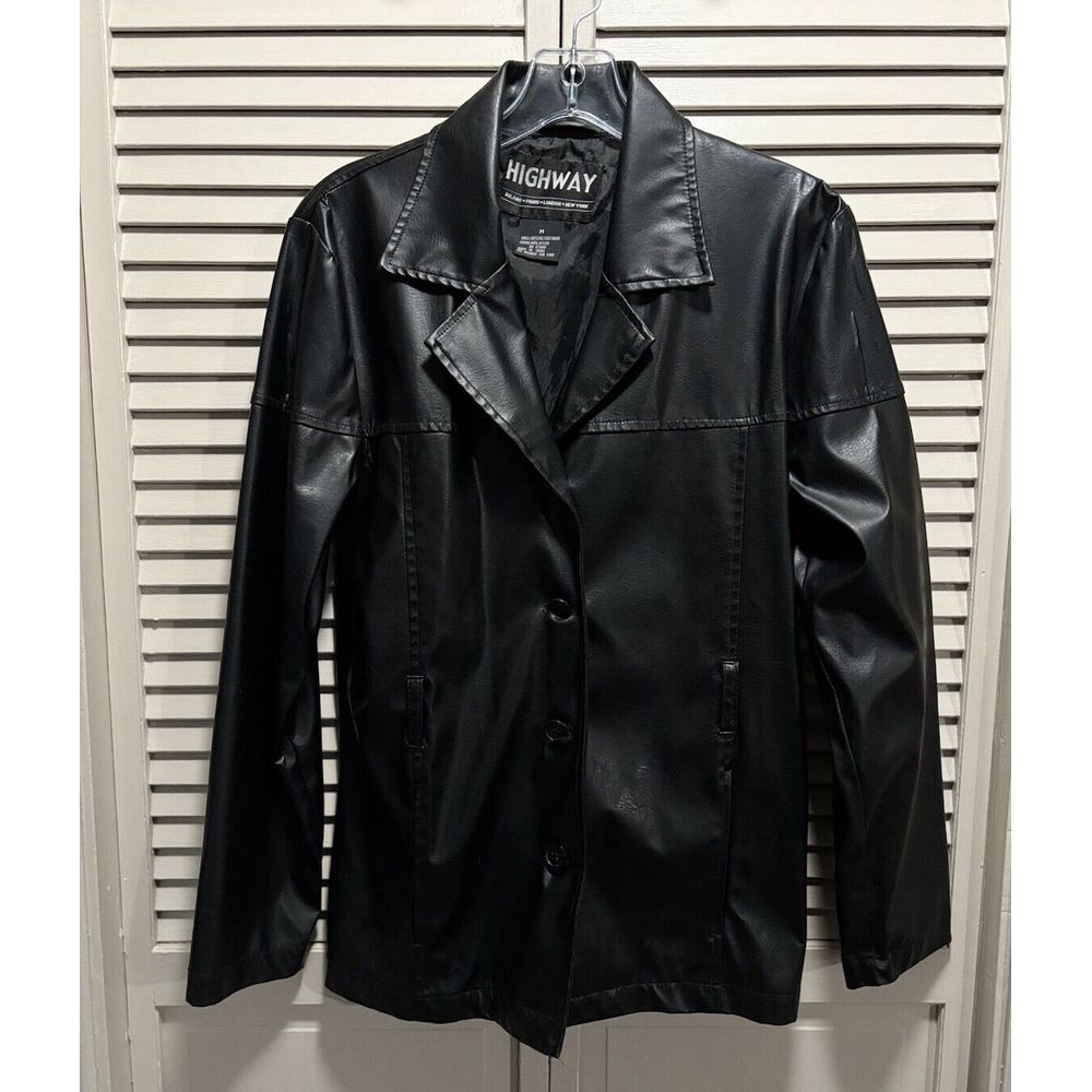 Highway Black Faux Leather Jacket Button Up Lined Size Medium Lined Pockets - Picture 1 of 6